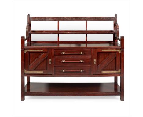MANNER OF E.W. GODWIN AESTHETIC MOVEMENT MAHOGANY SIDEBOARD, CIRCA 1890 the mirrored back with open shelf, above three short 