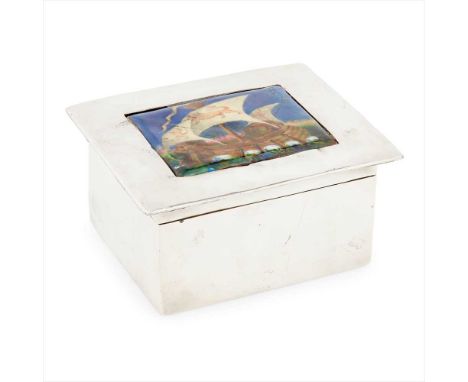 LIBERTY &amp; CO., LONDON 'TUDRIC' PEWTER AND ENAMEL BOX, CIRCA 1900 of square form, the lid set with an enamelled panel depi