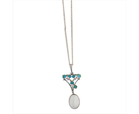 JESSIE MARION KING (1875-1949) FOR LIBERTY &amp; CO., LONDON SILVER &amp; ENAMEL PENDANT NECKLACE, CIRCA with six flower head