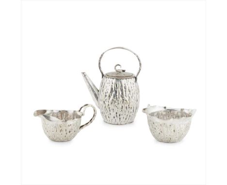 ATTRIBUTED TO CHRISTOPHER DRESSER FOR HUKIN &amp; HEATH, LONDON THREE PIECE PLATED TEA SERVICE, CIRCA bark finish, comprising