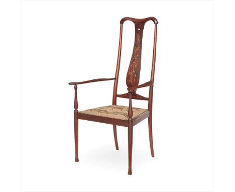 GEORGE HENRY WALTON (1867-1933) INLAID MAHOGANY ‘BRUSSELS’ ARMCHAIR, CIRCA 1900 the moulded top rail above heart-pierced spla