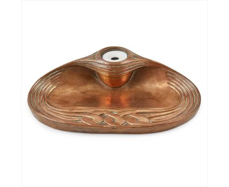 MANNER OF HENRY VAN DE VELDE ART NOUVEAU BRASS DESKSTAND, CIRCA 1900 of shaped oval form, cast with stylised knotwork, later 
