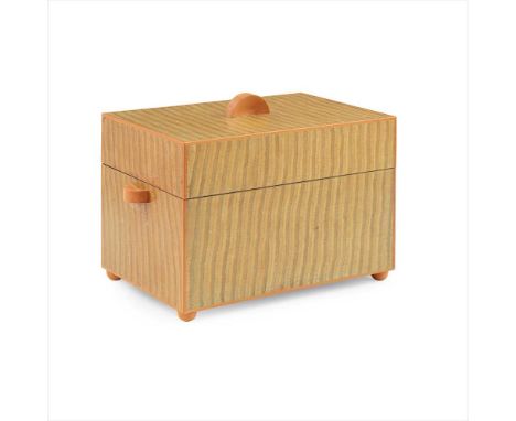 § NICHOLAS CHANDLER STAINED RIPPLED SYCAMORE CADDY, CIRCA 1980 of rectangular form, with pinched hemispherical handles, the h