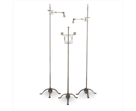 ENGLISH SCHOOL SUITE OF ARTS &amp; CRAFTS STEEL LIGHT, CIRCA 1920 comprising a PAIR OF ADJUSTABLE READING LIGHTS, with scroll