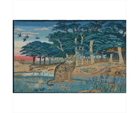 MAY MORRIS (1862-1938) 'THE HUNTER AT BAY' EMBROIDERED PANEL, 1935 worked in coloured wools and threads on a linen ground, de