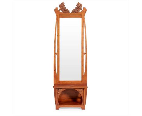 BELGIAN SCHOOL ART NOUVEAU PINE HALL MIRROR, CIRCA 1900 the rectangular bevelled plate enclosed by frame with leaf carved bra