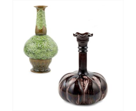 CHRISTOPHER DRESSER (1834-1904) FOR WILLIAM AULT &amp; CO. EARTHENWARE BOTTLE VASE, CIRCA 1895 / of bottle form, moulded with