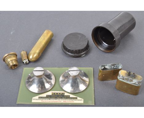 A collection of assorted WWII Second World War interest military related items to include; a pair of NAAFI silver plate menu 