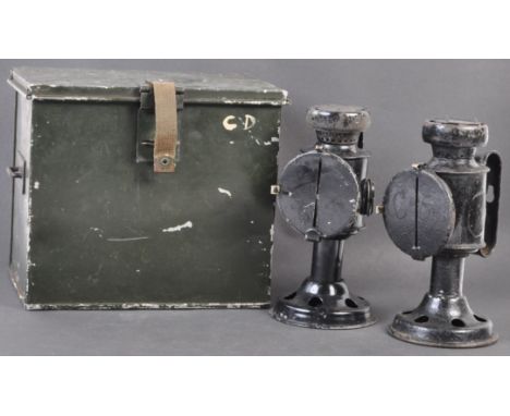 A rare original WWII Second World War Civil Defence / ARP related pair of blackout ' rescue ' lanterns, within their original