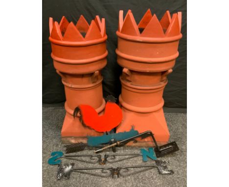 A crown top chimney pot, 78cm high;  another 75cm high;  a modern weather vane. 
