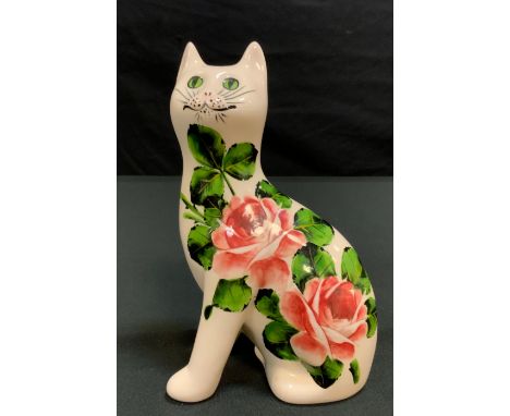 A Wemyss G Hill Pottery model seated cat, 17.5cm high;  a standard lamp;  pair of Chinese style floral table lamps;  pair of 