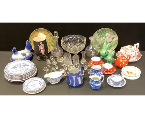 Ceramics and Glass - clear glass decanters, various stoppers, Losol Ware Cavendish jug;  other blue and white;    a Spode tea