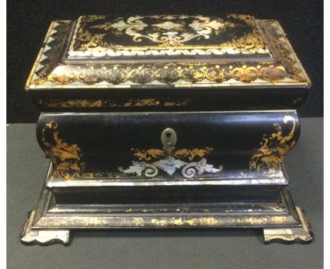 A Victorian papier mache tea caddy, inlaid in abalone and mother-of-pearl, 15cm high, c.1860 