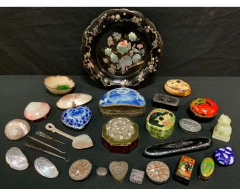 A Victorian papier mache glasses case;  a similar snuff box;  a papier mache shaped circular tray;  shell purses;  various tr