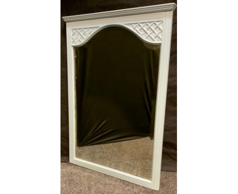 A contemporary light blue painted rectangular mirror, arched bevelled glass, 80cm x 55cm. 