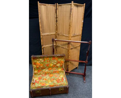 A three fold bamboo modesty screen;  a tapestry frame;  an early 20th century trunk (3) 