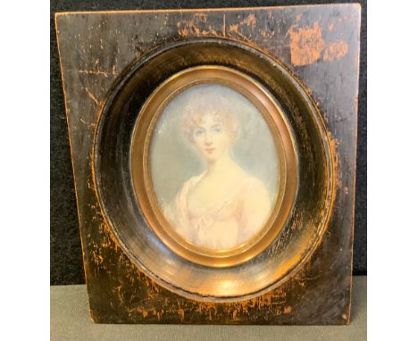 English School (19th century), a portrait miniature, of a young beauty, half-length, watercolour, oval, 8cm x 6cm