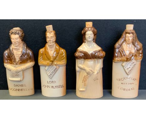 A Bourne Denby reform flask, Broughams Reform Cordial,others similar; Queen Alexandria Victoria, Lord John  Cordial Russell, 