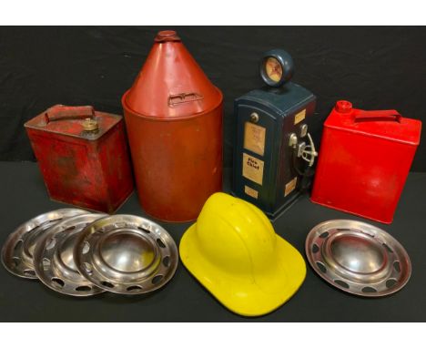 Automobila &amp; Tools - a set of four 1960s stainless steel Mini hubcaps;  P O red petrol can;  another;  oil can;  fireman'
