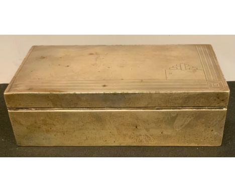 A silver cigarette box, engine turned cover, cedar lined, 16.5cm wide, Birmingham 1938 