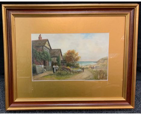 Frank R Offer, 1837 - 1932, Coastal cottage viewing the sails, signed, oil, 24cm x 39cm 