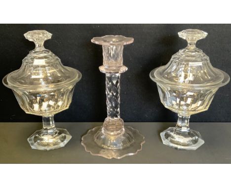 A pair of early 20th century sweetmeat jars and covers, lofty fluted domed covers, hexagonal finials and bases, 27cm high;  a