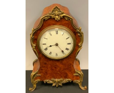 A 19th century French burr maple and gilt metal mounted cartouche shaped mantel clock, Roman numerals, 25cm high, c.1870 