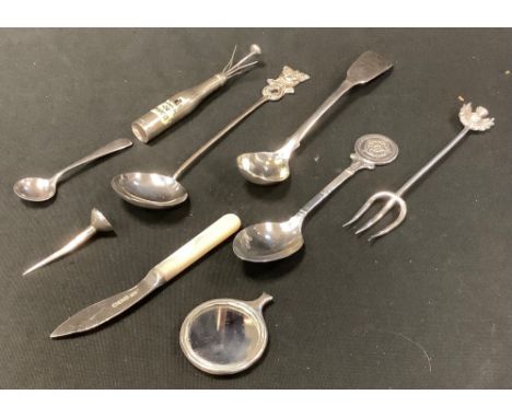 A William IV Irish silver mustard spoon, James Brady, Dublin 1833;  rose topped golfing spoon, Birmingham 1954;  others;  whi