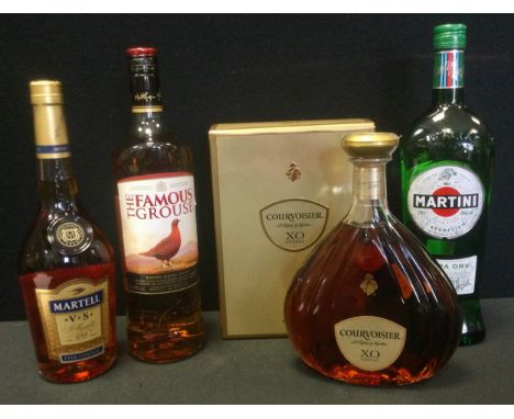 Courvoisier XO cognac, 750ml, presentation boxed;  Martell V S, 750ml, Famous Grouse Whisky, 1ltr; Martini 1ltr (4) 