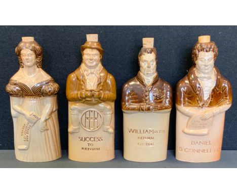 A Bourne Denby reform flask, Irish Reform Cordial, Daniel O'Connell; others similar; Queen Alexandria Victoria, William IVths