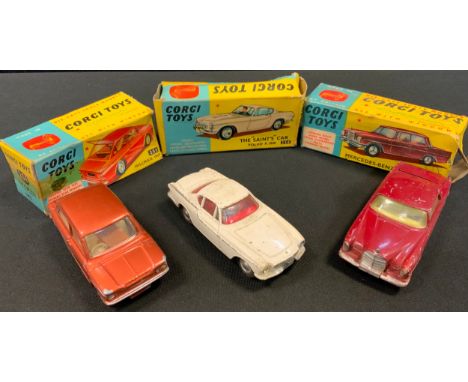 Toys &amp; Juvenalia - Corgi Toys 230 Mercedes-Benz 220 SE coupe, dark red body, lemon yellow interior, boxed; Corgi Toys 251