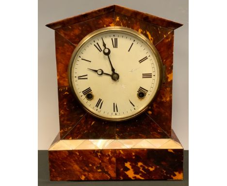 A 19th century tortoiseshell mantel clock, architectural case, 13.2cm white dial with Roman numerals, twin winding holes, the