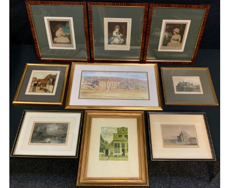 E. H. Hester, a set of three mezzotints, young Victorian girls; others, print of chatsworth, engravings, etc. 