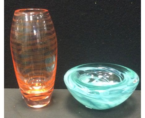 Art Glass - a Kosta Boda turquoise cloud glass tea light holder, labelled, 17.5cm diameter;  a Jasper Conran orange spiral ba