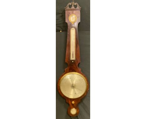 A George III mahogany wheel barometer, 23cm silvered dial, alcohol thermometer, the level inscribed Fra Pearce, Queens Head R