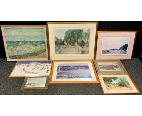 Pictures &amp; Prints - M J Oxley, Bungalow, signed, dated 1907, watercolour;  others, B J Green; William Russell Flint, by a