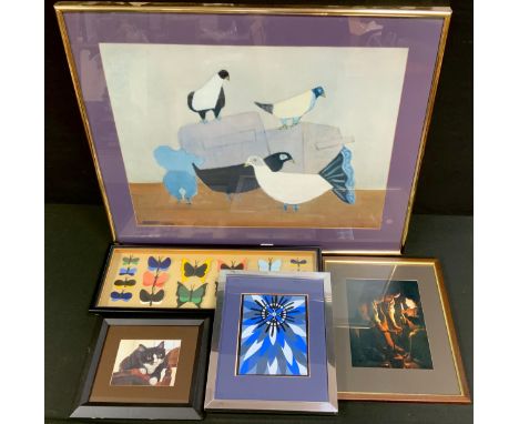 Milton Avery, after, French Pigeons, coloured print, 67cm x 84cm;  Linda Cooper, after, Mickey, coloured print;  Butterflies;