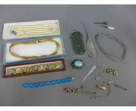 Mixed lot to include white metal bracelet with mother of pearl panels, turquoise brooch, bracelet, costume jewellery necklace