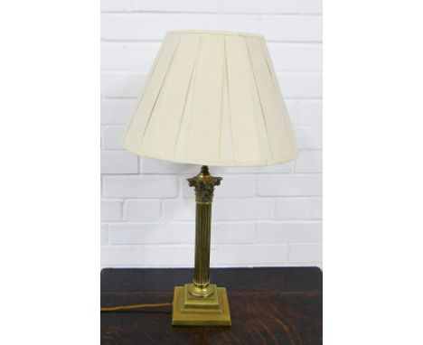 Brass corinthian column table lamp base and shade, 50cm high