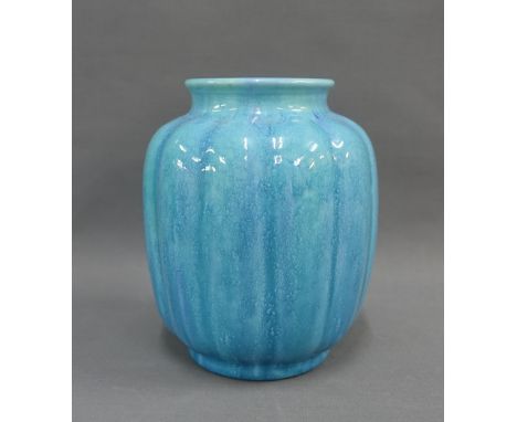 Pilkington Royal Lancastrian blue crystalline glazed vase of lobed form, impressed factory backstamps, and numbered 3402, 20c