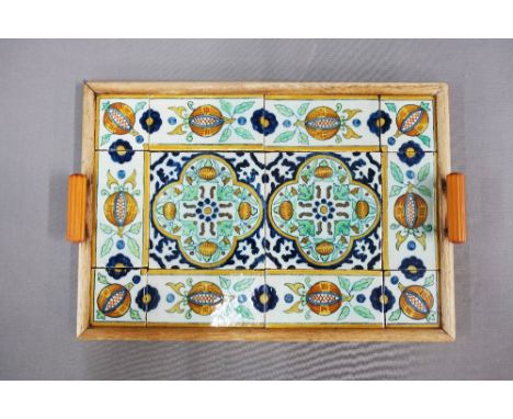 Tile top tray with Bakelite handles, 42 x 30cm 