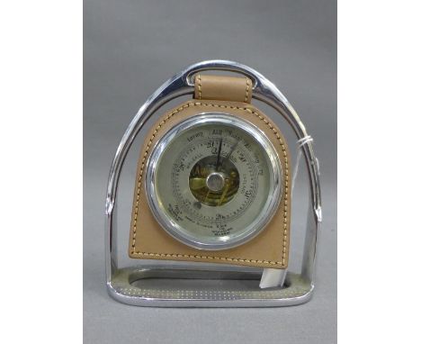 Stirrup framed Eldonian desk barometer, 14cm high 