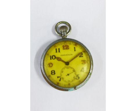 Jaeger LeCoultre open faced pocket watch, in a chrome plated case with ordinance mark to the rear, with Arabic numerals and l