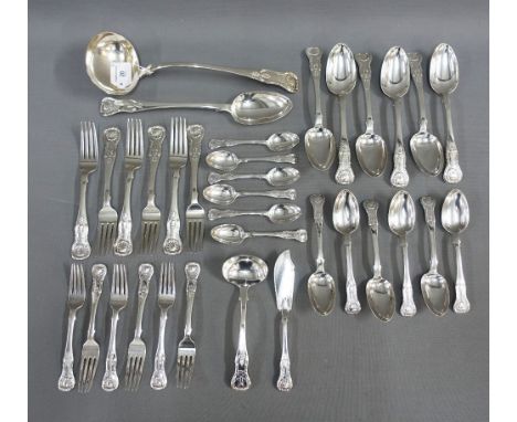 A suite of Queens pattern family crested silver flatware comprising six large spoons - Edinburgh 1846 &amp; 1848, six smaller