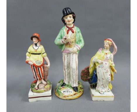 Three Staffordshire pottery figures to include a double sided Water &amp; Gin figure and two small female figures on square l