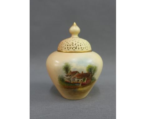 Royal Worcester Ann Hathaway pattern jar and cover, the finial restored, with green factory backstamp and No. G2210, 12cm hig