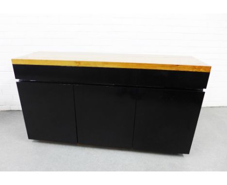 Contemporary sideboard with light wood top over a pair of black high gloss drawers and doors, 81 x 45cm 
