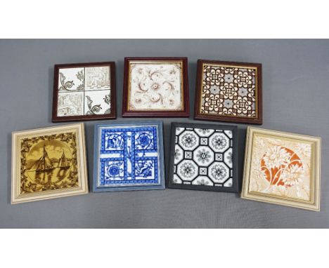 A group of seven framed Victorian tiles to include examples by Wedgwood, Mintons and Doulton, etc, 18 x 18cm (7)