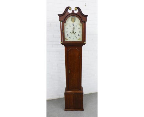 19th century oak eight day longcase clock, the painted dial inscribed Trotter, Jedburgh, with Roman numerals, subsidiary dial