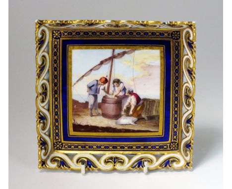 A Sèvres porcelain tray or 'plateau carre', of square form with a painted panel depicting three fishermen inspecting their ca
